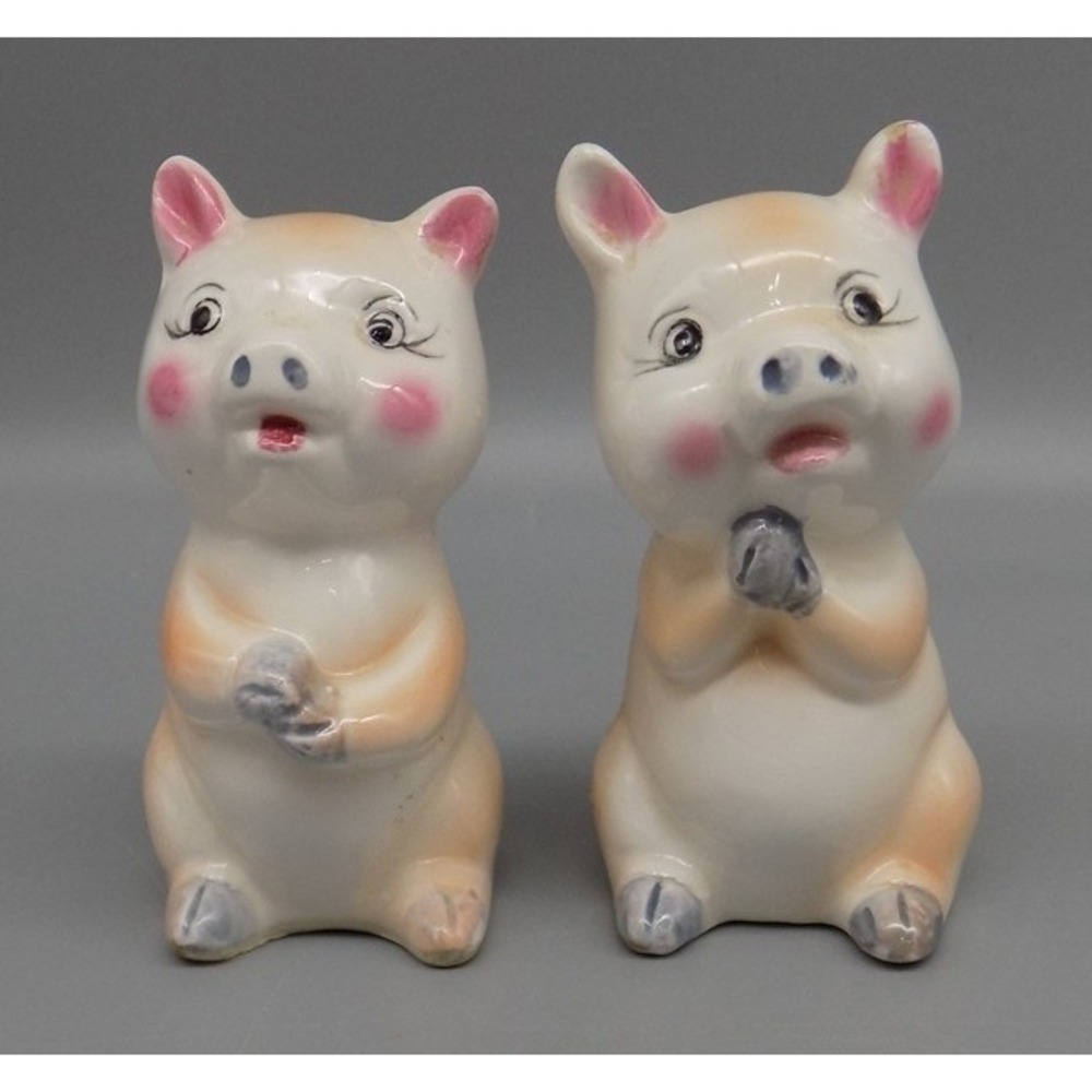 Vintage 50's Pig Salt & Pepper Shakers Japan Ceramic Praying Pig S&P MCM Retro